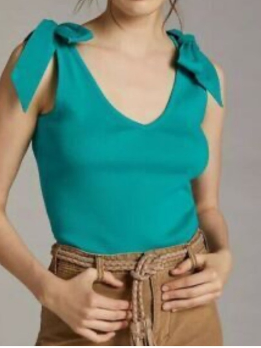 Anthropologie Maeve Bow Tie-Shoulder V-Neck Ribbed Tank Top in Teal Small NWT